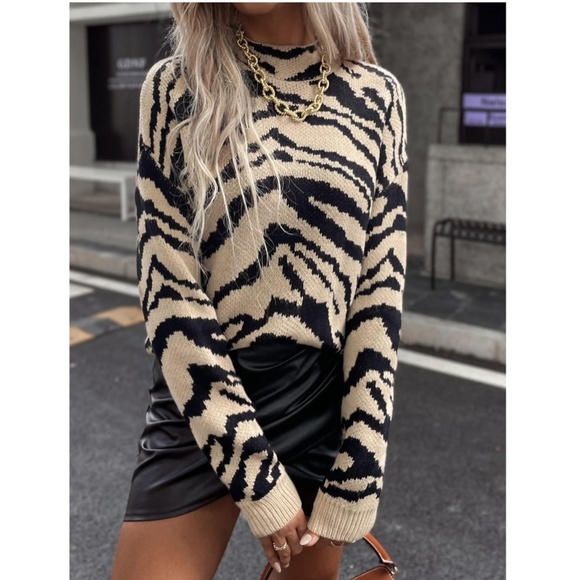 Zebra Printed Knit Sweater Tan Black Animal Print Drop Shoulder - Picture 4 of 9